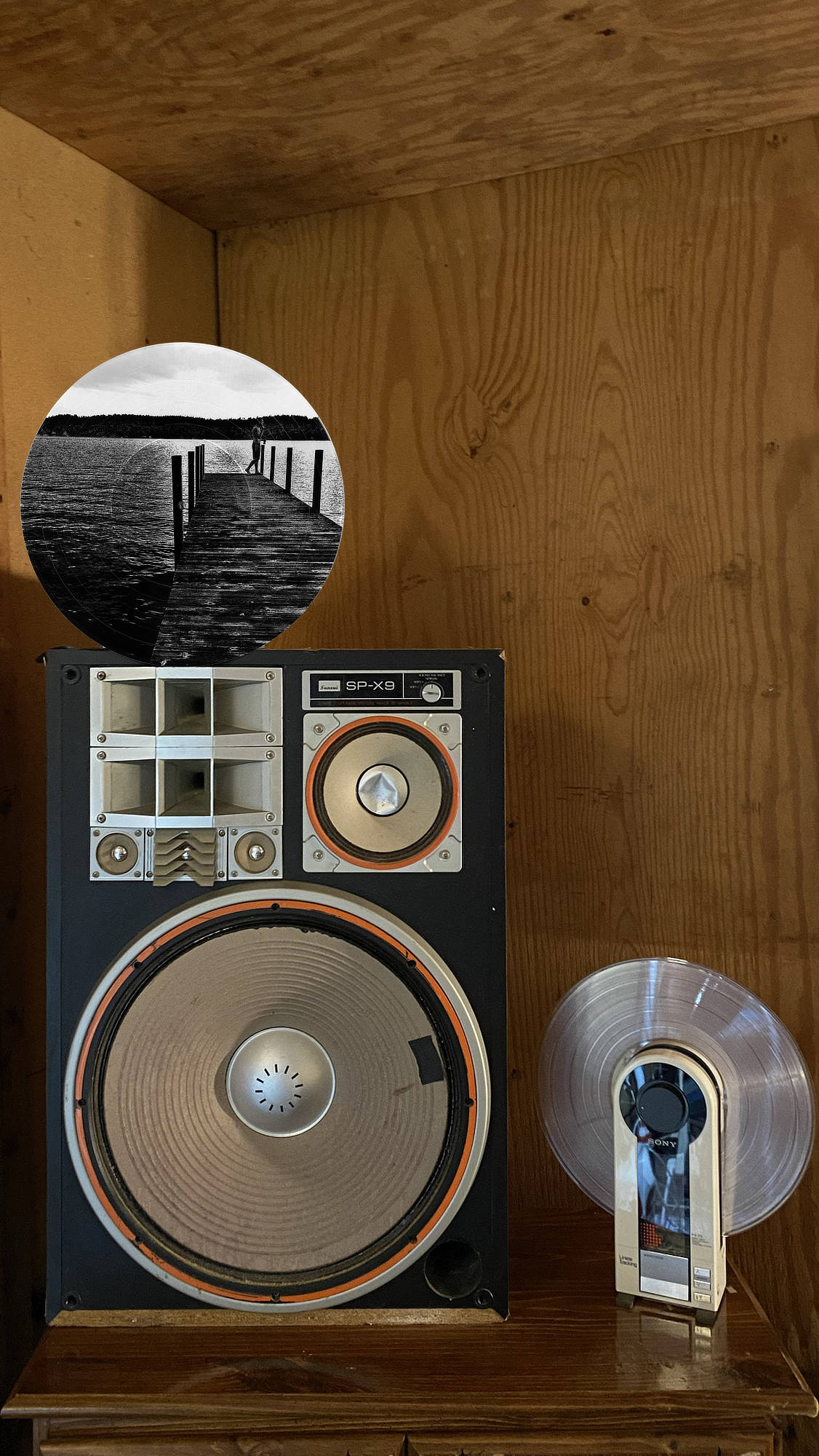 Circular vinyl record wall art of a dock at sunrise on a calm lake, displayed in a music room.
