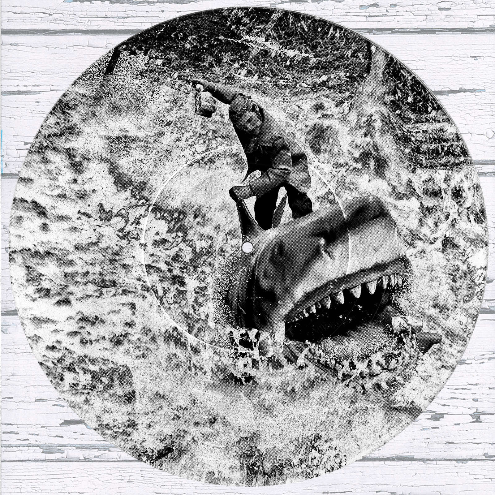 Quint and Bruce Jaws vinyl record photo art featuring a black and white photograph of Quint from Jaws riding Bruce the shark while holding a six-pack of Narragansett beer with one can in the shark’s mouth.