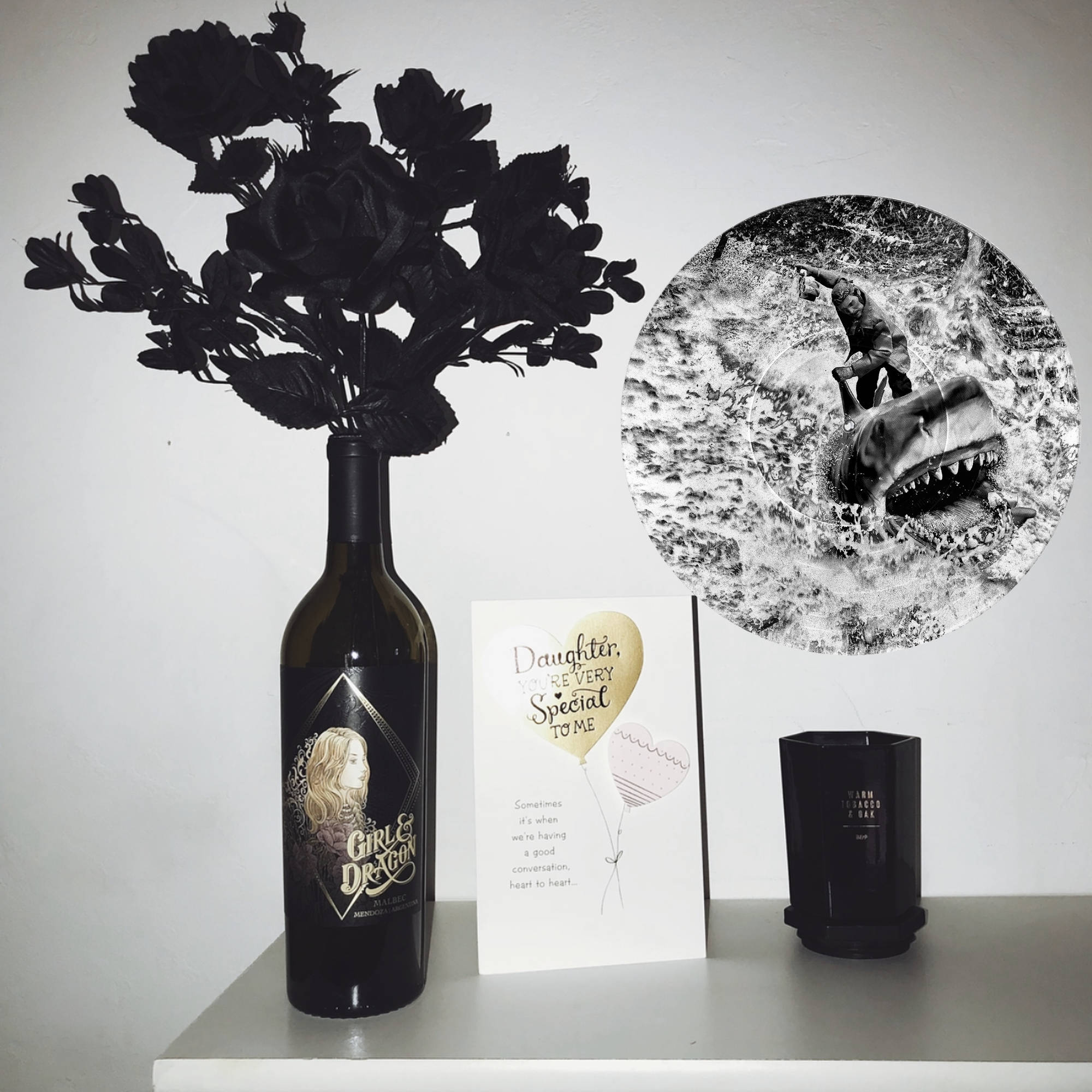 Quint and Bruce Jaws vinyl record wall art, a fun music and movie-themed gift featuring Quint holding a six-pack of Narragansett beer.