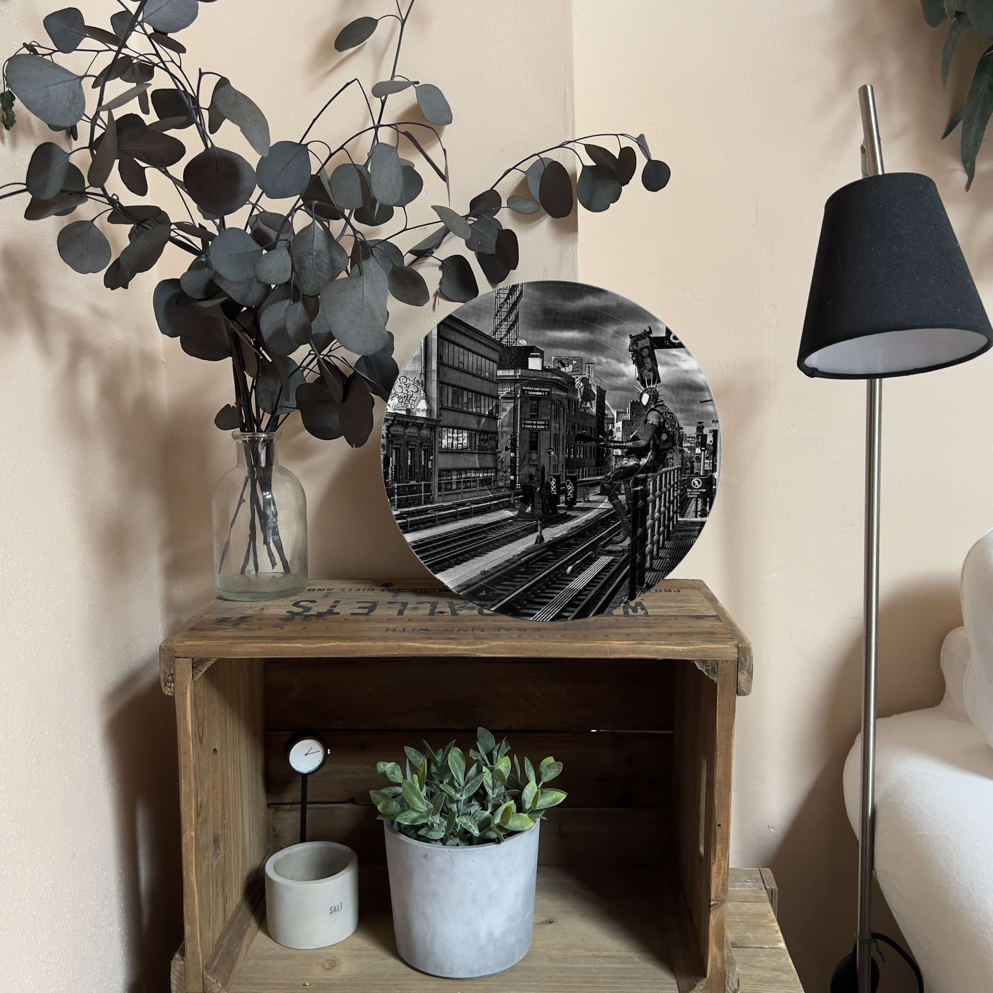 Upcycled vinyl record photo art of Spider-Punk playing guitar in Brooklyn, styled as living room wall decor.