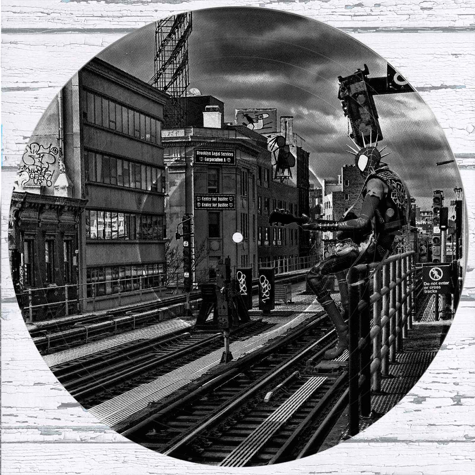 Spider-Punk vinyl record photo art featuring a black and white photograph of Spider-Punk playing guitar on a guardrail at a Brooklyn train station surrounded by graffiti.