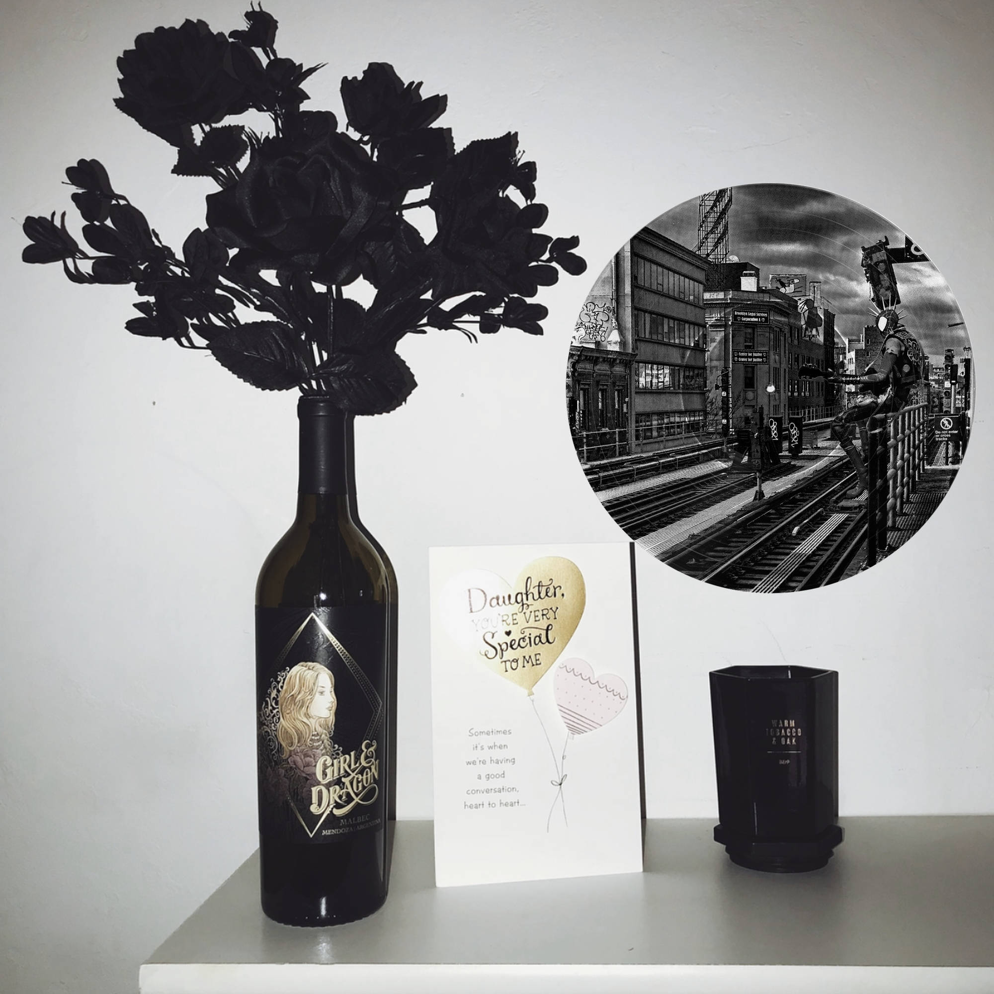 Spider-Punk vinyl record wall art, a black and white music-themed gift featuring a gritty Brooklyn train station scene.