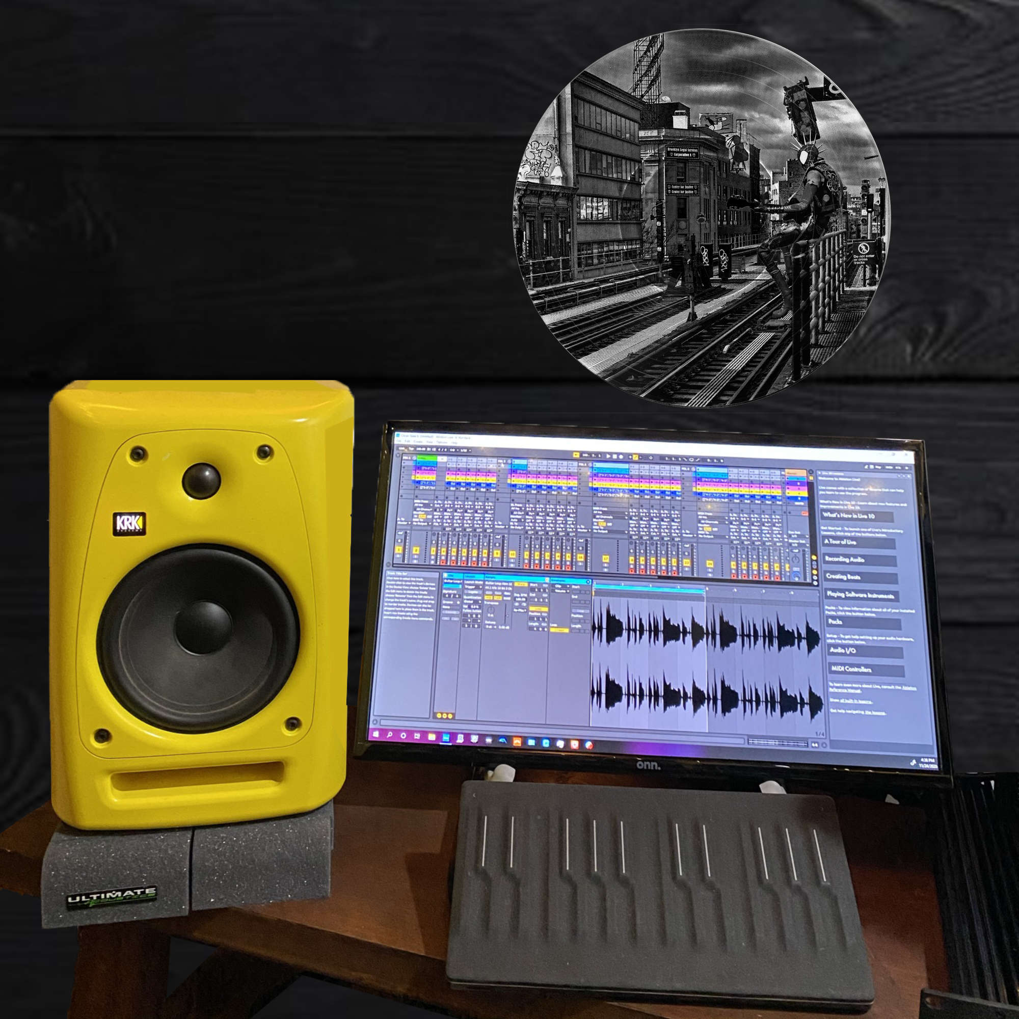 Black and white vinyl record photo art of Spider-Punk performing at a Brooklyn station, featured in a recording studio.