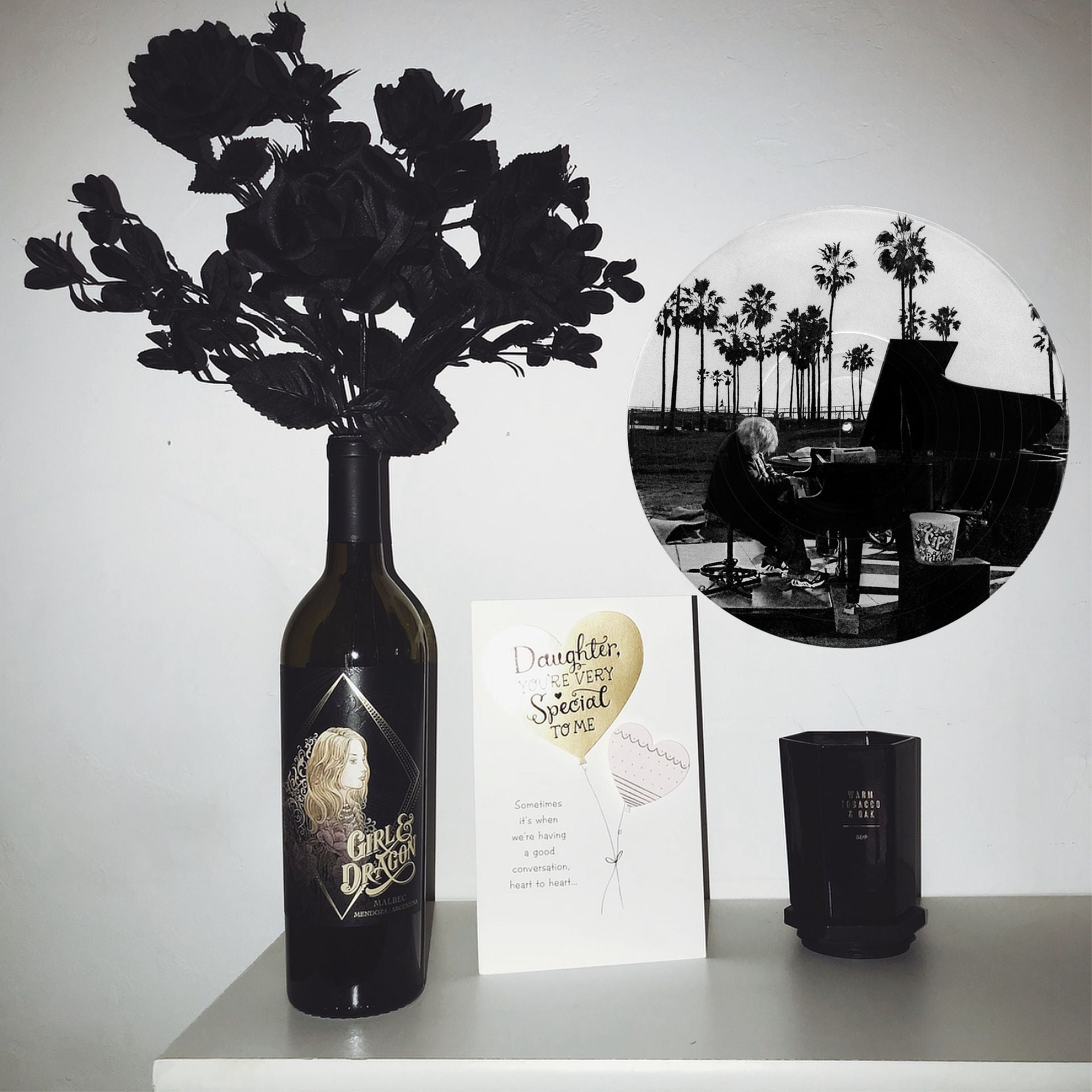 Venice Beach Piano Player vinyl record wall art, a unique music-themed gift featuring a tranquil sunset piano scene.
