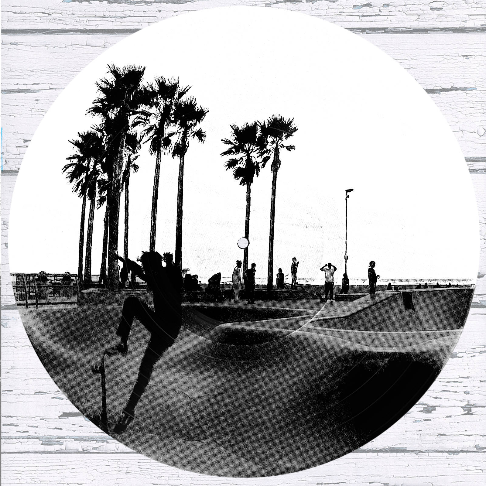 Venice Beach Skatepark vinyl record photo art featuring a black and white photograph of a skateboarder midair above the pool with ocean and palm trees in the background.